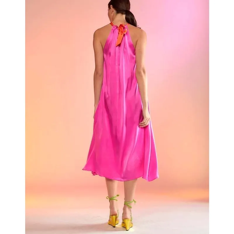 Cynthia Rowley Salerno Silk Halter Midi Dress hot pink orange flowy size small S - Image 5