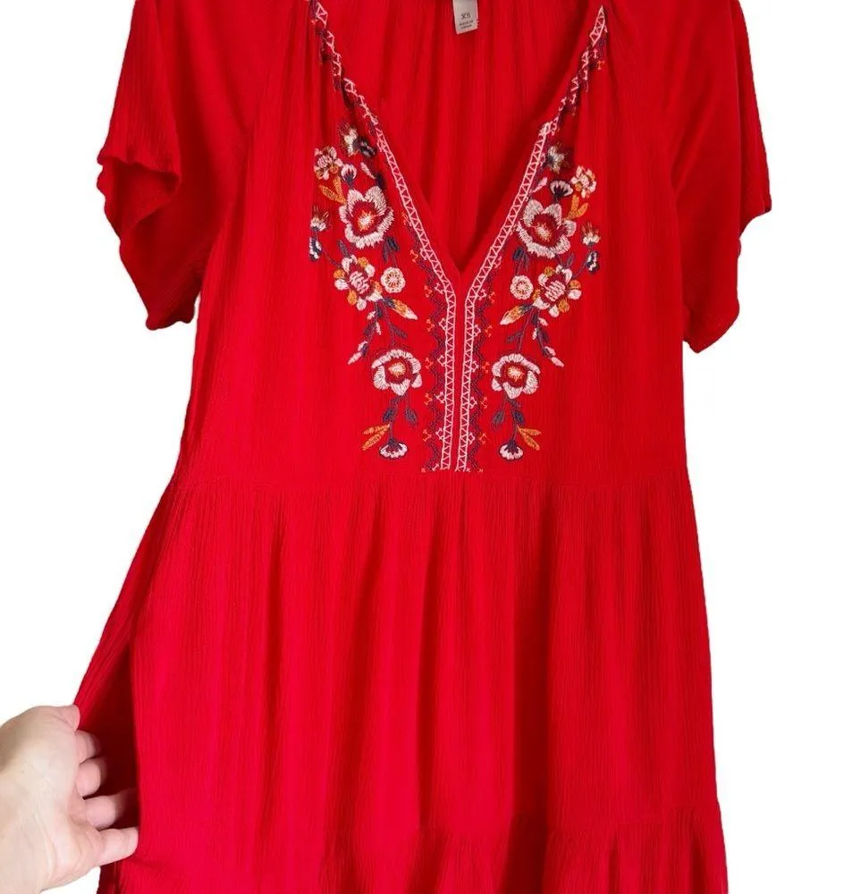 Knox Rose Boho Floral Embroidered Red Swing Dress Casual V-neck Short Sleeve XS - Image 2