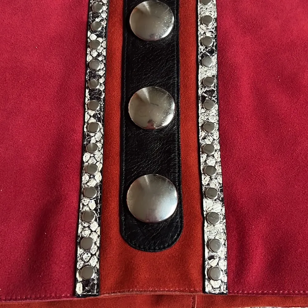 🆕 Roberto Cavalli | | Red Suede Mini Skirt Silver Buttons Snake Size 38 IT - Image 2