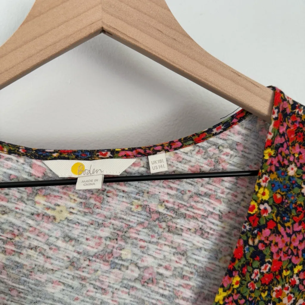 Boden 14 V Neck Jersey Dress Gardenia Petal Colorful Floral Puff Short Sleeve Pink - Image 5