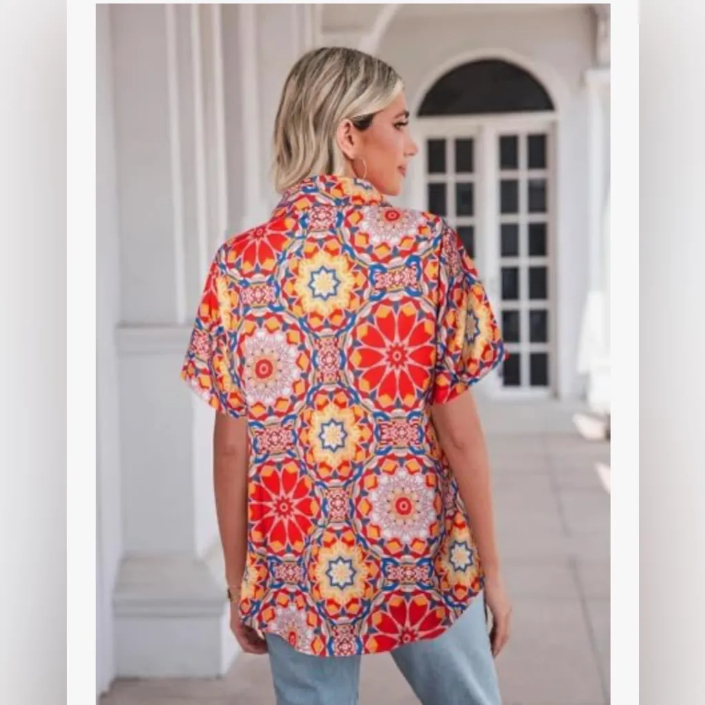 NEW 60s 70s Disco Hippie Shirt Retro Floral Short Sleeve Hawaiian Button Up XL Red - Image 2