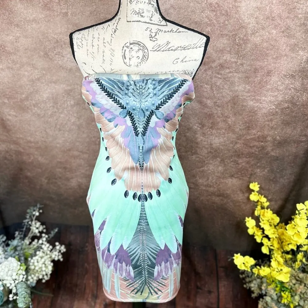Peacock Inspired Multi Color Hale Bob Strapless Dress Green/Multi L - Image 4