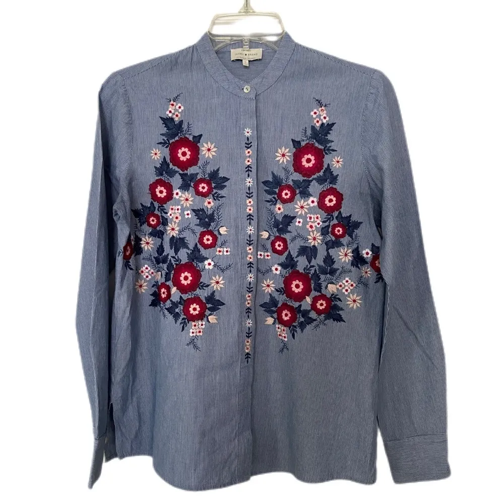Lucky Brand Embroidered Floral Blue and White Pinstripe Button Down Shirt Size S - Image 2