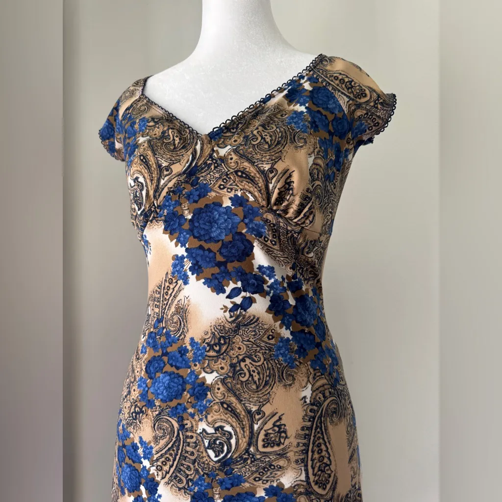 Vintage Y2K Venus USA Blue & Brown Floral Print Cap Sleeve Bodycon Mini Dress - Image 4