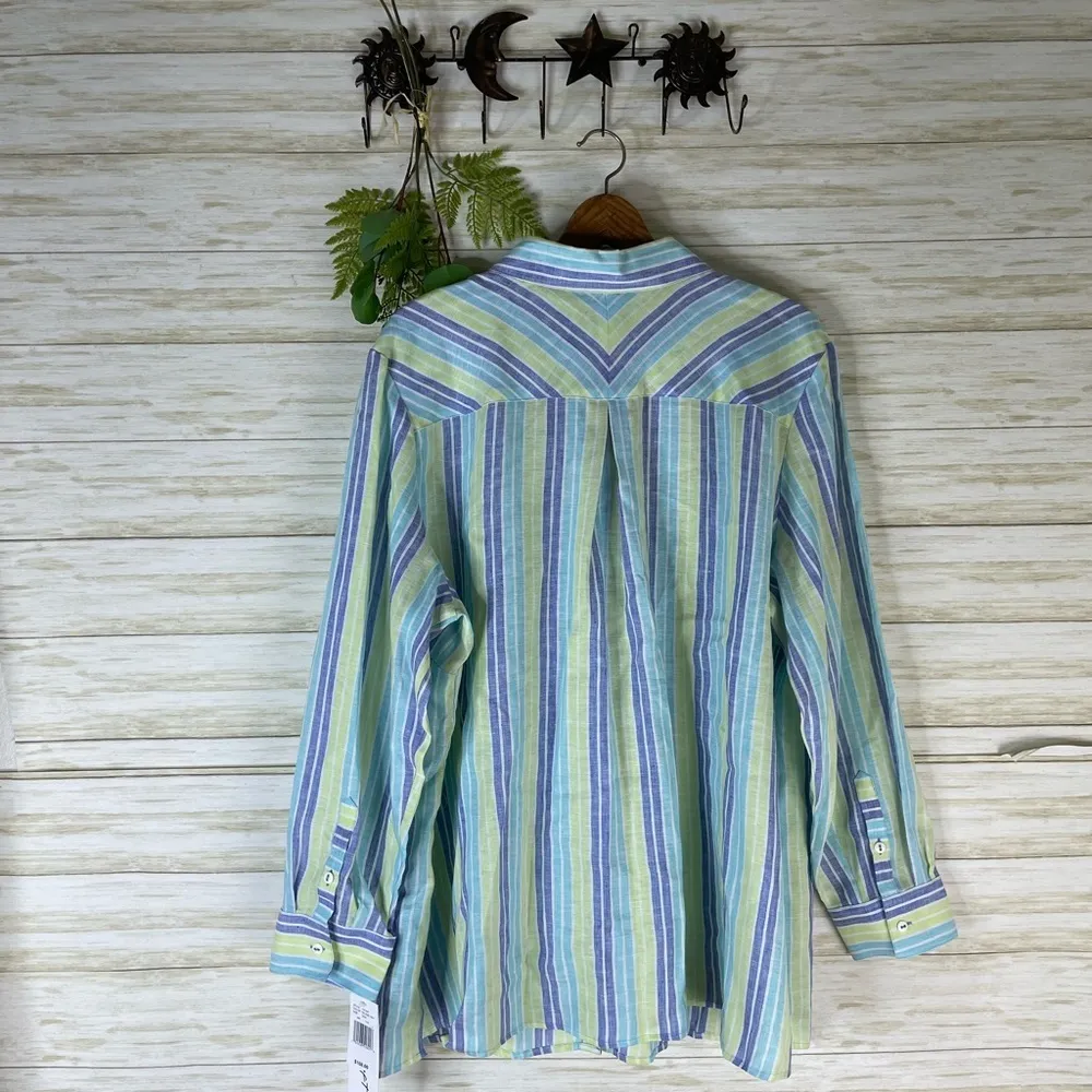 NWT Foxcroft NYC Blue Green Vertical Striped Linen Button Down Shirt - Image 6