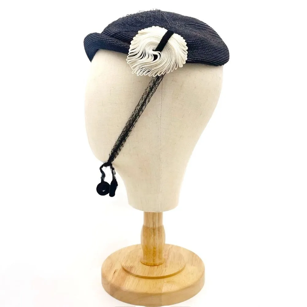 Vintage 50s Tilt Hat Black & Cream Straw Close Style Fascinator Black Mesh Veil - Image 6
