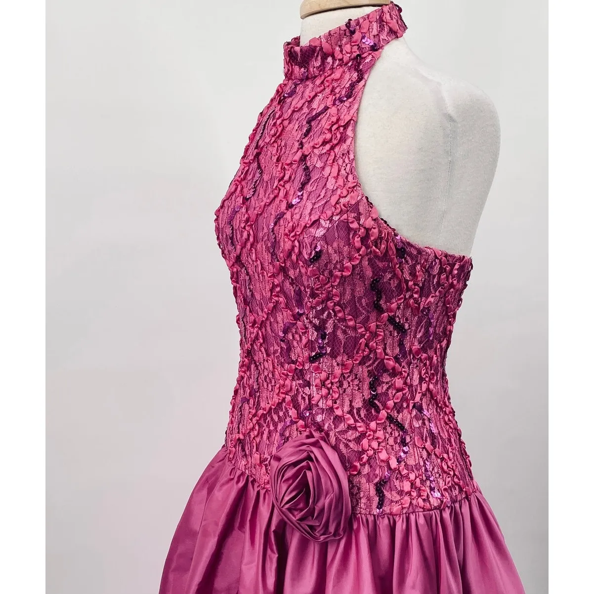 Vintage 80s Halter Fit & Flare Cocktail Dress Sequin Bodice Rosette Hot Pink 6 - Image 7