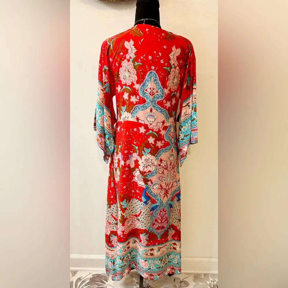 Lena Vie Boutique Peacock Floral Maxi Kimono Style Dress (See Measurements) Red Size undefined - Image 11