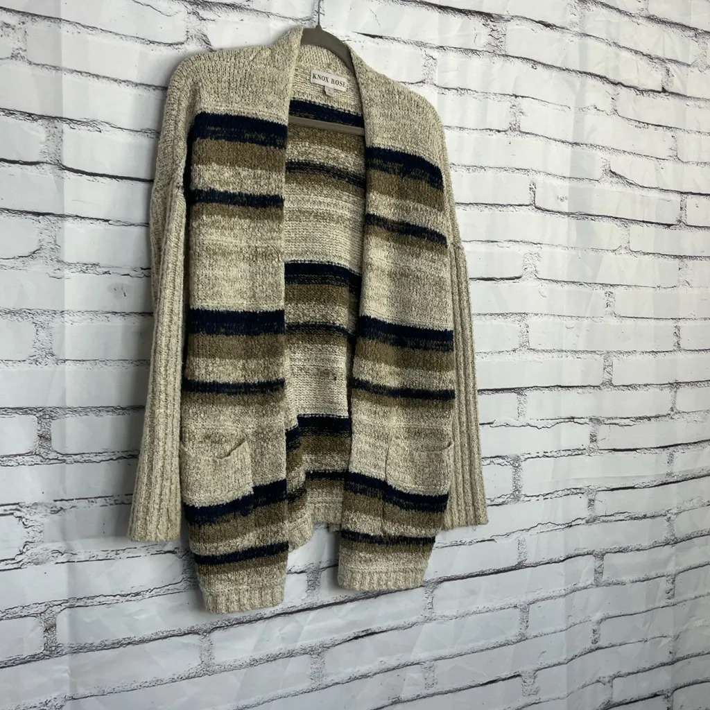 Knox Rose Striped Open Front Cardigan Women’s Small Beige Navy Pocket Sweater - Image 2