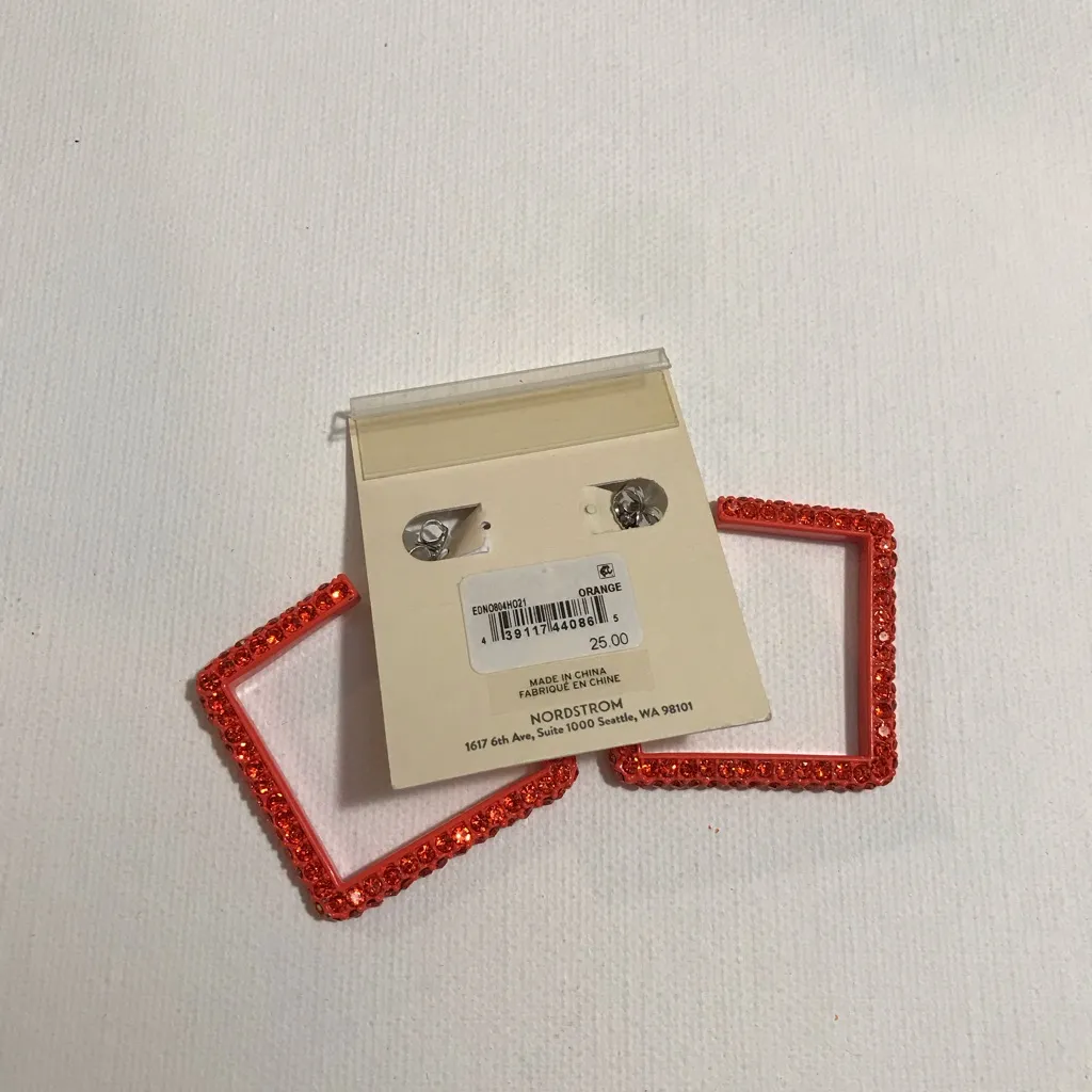 Open Edit Bright Neon Orange Square Hoops Orange Rhinestones Earrings - Image 2