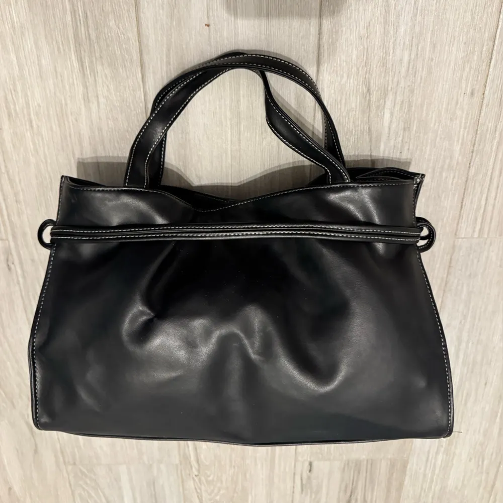 Black Top Handle Bag with White Stitching - Image 4