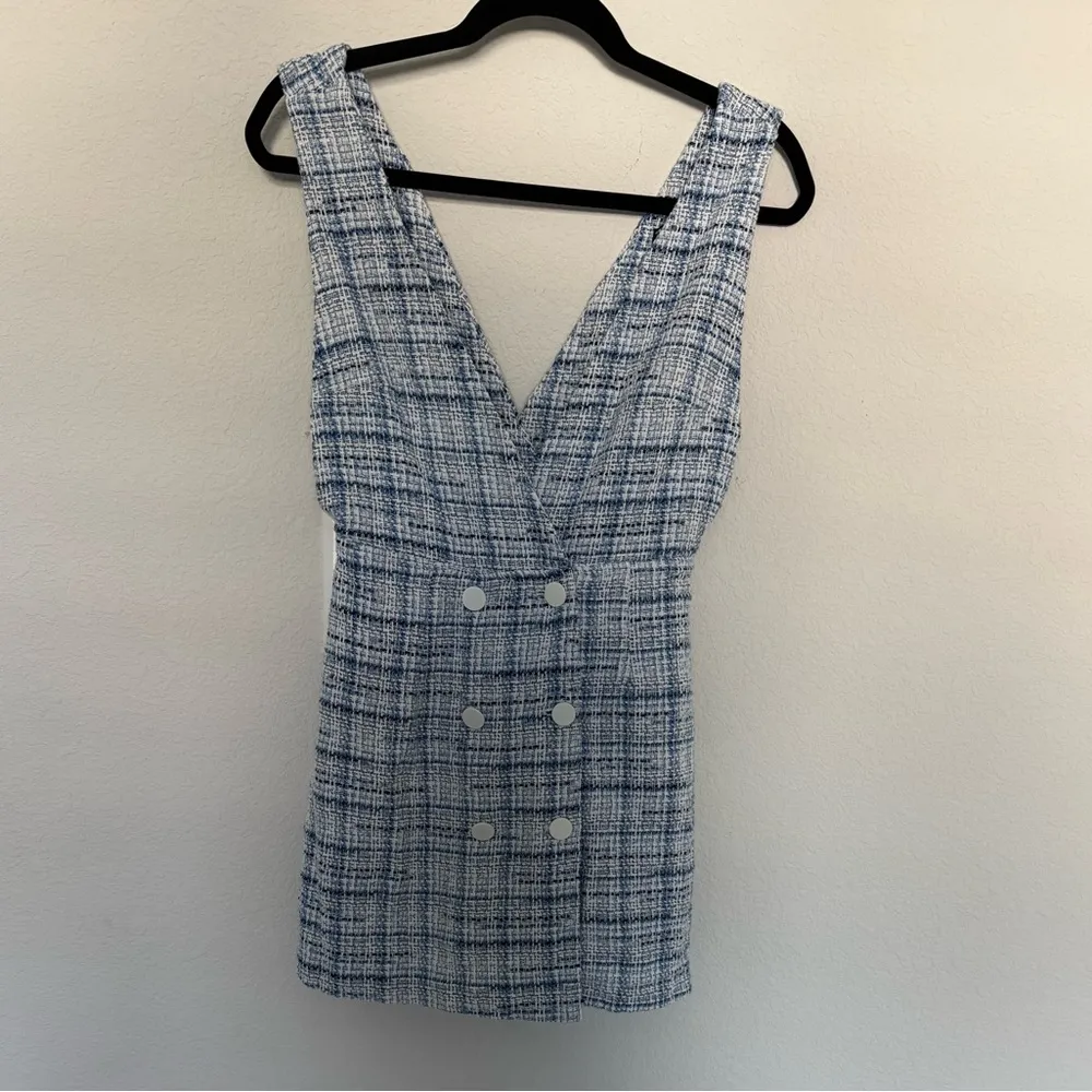 ZARA Blue and White Tweed Plaid Pinafore Mini Dress Medium Double Breasted - Image 7