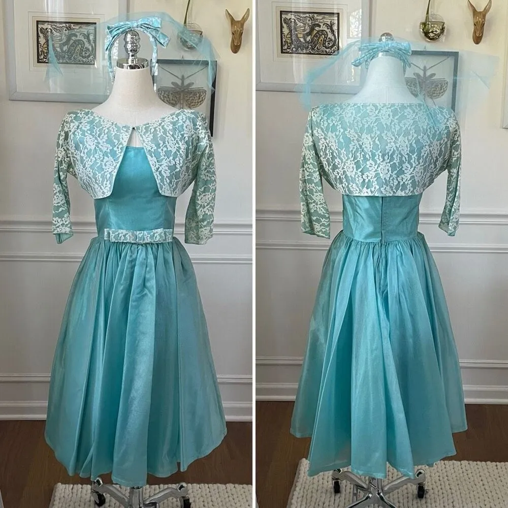 Vintage 60s Turquoise Blue Ivory Lace Fit & Flare Dress Shrug Headband Veil XS Blue - Image 2