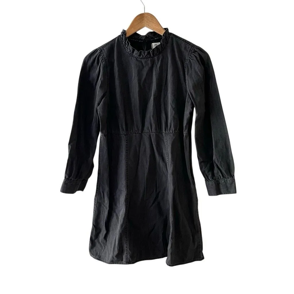 Madewell black mock neck ruffled mini long sleeve cotton dress size 4 academia b - Image 2