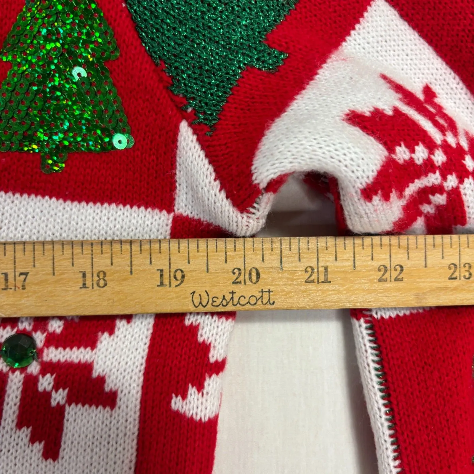 Ugly Christmas Holiday Sweater Button Up Cardigan Red Sequin Trees Sz S (4-6) - Image 9