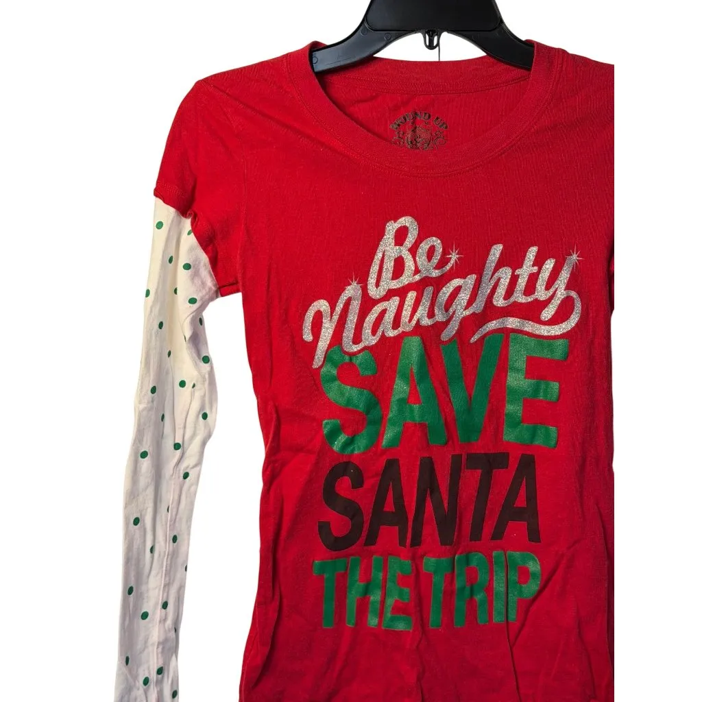 Wound Up Womens Small Christmas Long Sleeve Shirt Funny “Be Naughty” Holiday Tee - Image 3