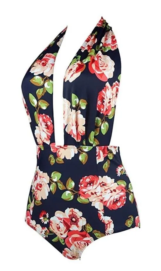 COCOSHIP Retro Floral One Piece Backless Swimsuit - Image 2