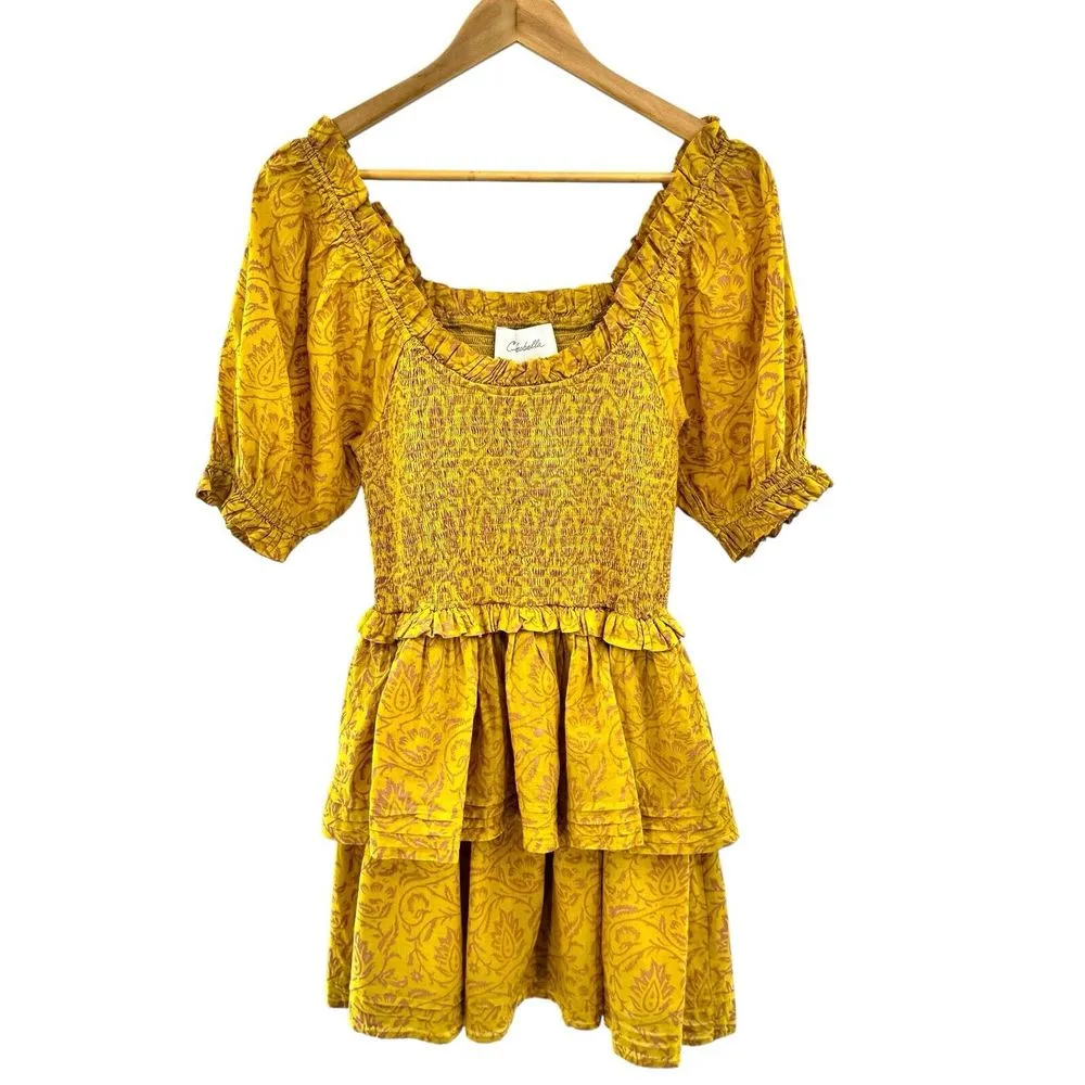 Cleobella Luna Mini Dress Camellia Print Organic Cotton Smocked Small Yellow‎ - Image 5