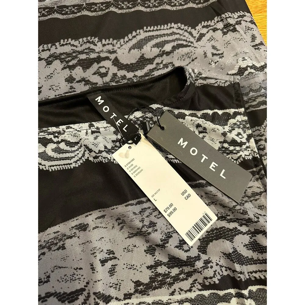 Motel Fayola Womens Large Black Gray Lace Mesh Bodycon Maxi Dress Black Gray - Image 6