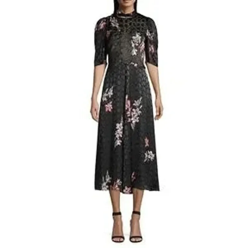 REBECCA TAYLOR   Noha Puff Sleeve Floral Midi Dress In Black Combo size 8 - Image 4
