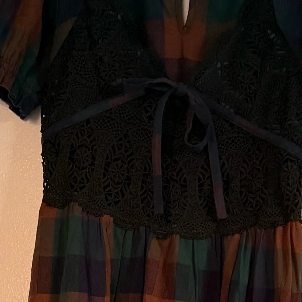 Cottage Country Plaid Lace Puff-Sleeve maxi Dress pockets size M - Image 8