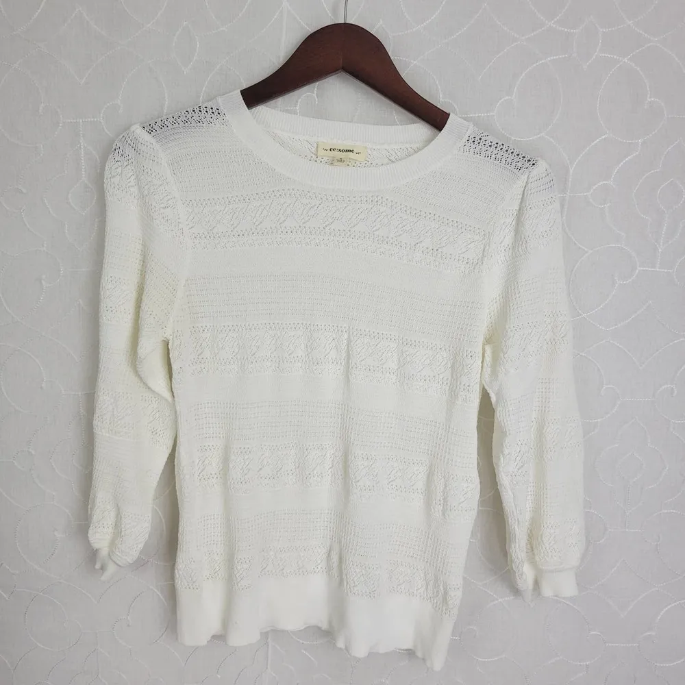 EE: Some Eyelet Knit Crewneck Long Sleeve Pullover Sweater White Size S - Image 6