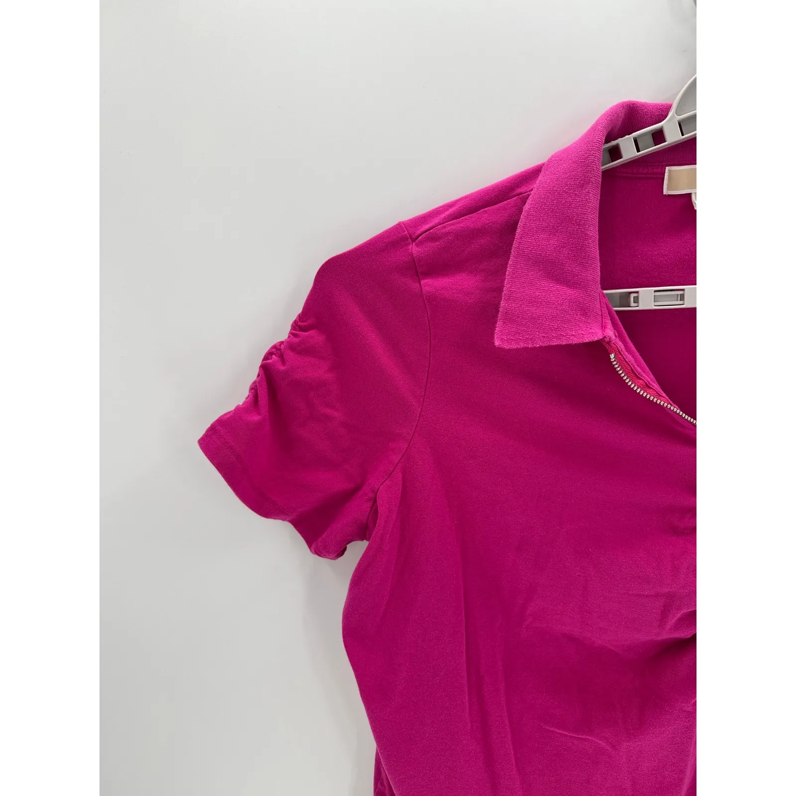 Michael Kors half-zip polo shirt bright pink size 3X ruched bust silver zipper - Image 4
