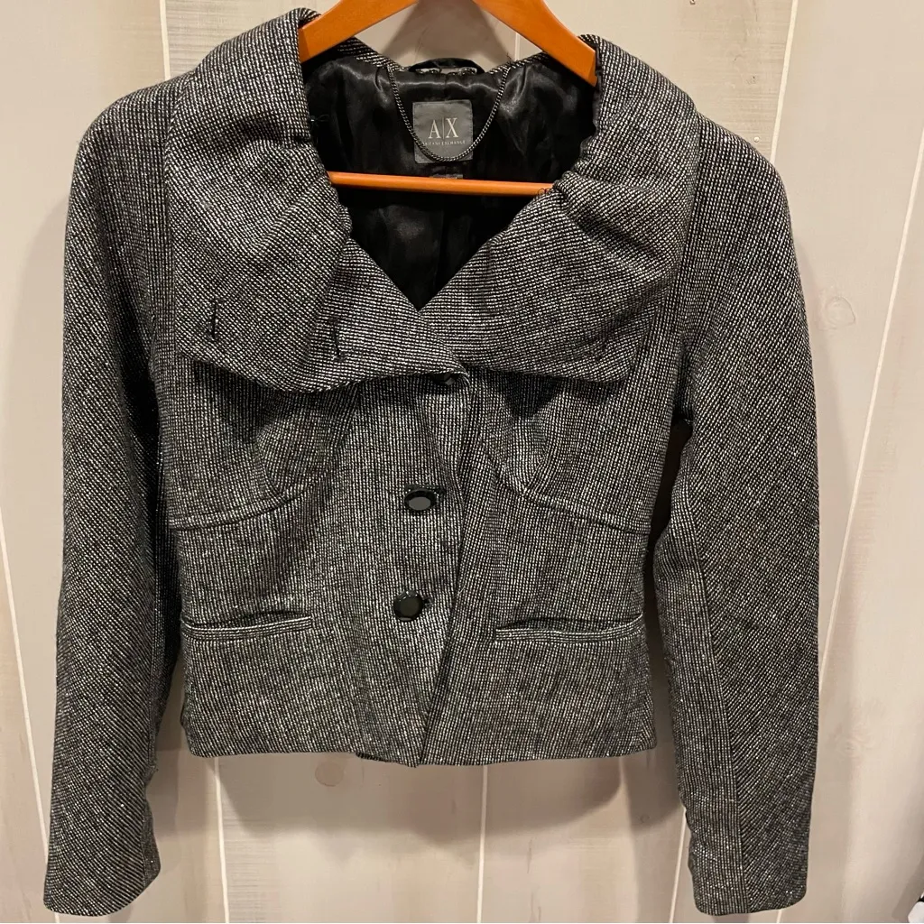 Vintage Y2K Armani Exchange tweed metallic cropped blazer shawl collar pockets Black Size M - Image 12