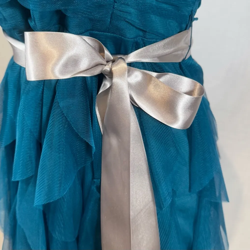 Teal green and silver belted strapless tulip mesh mini dress size 5 - Image 4