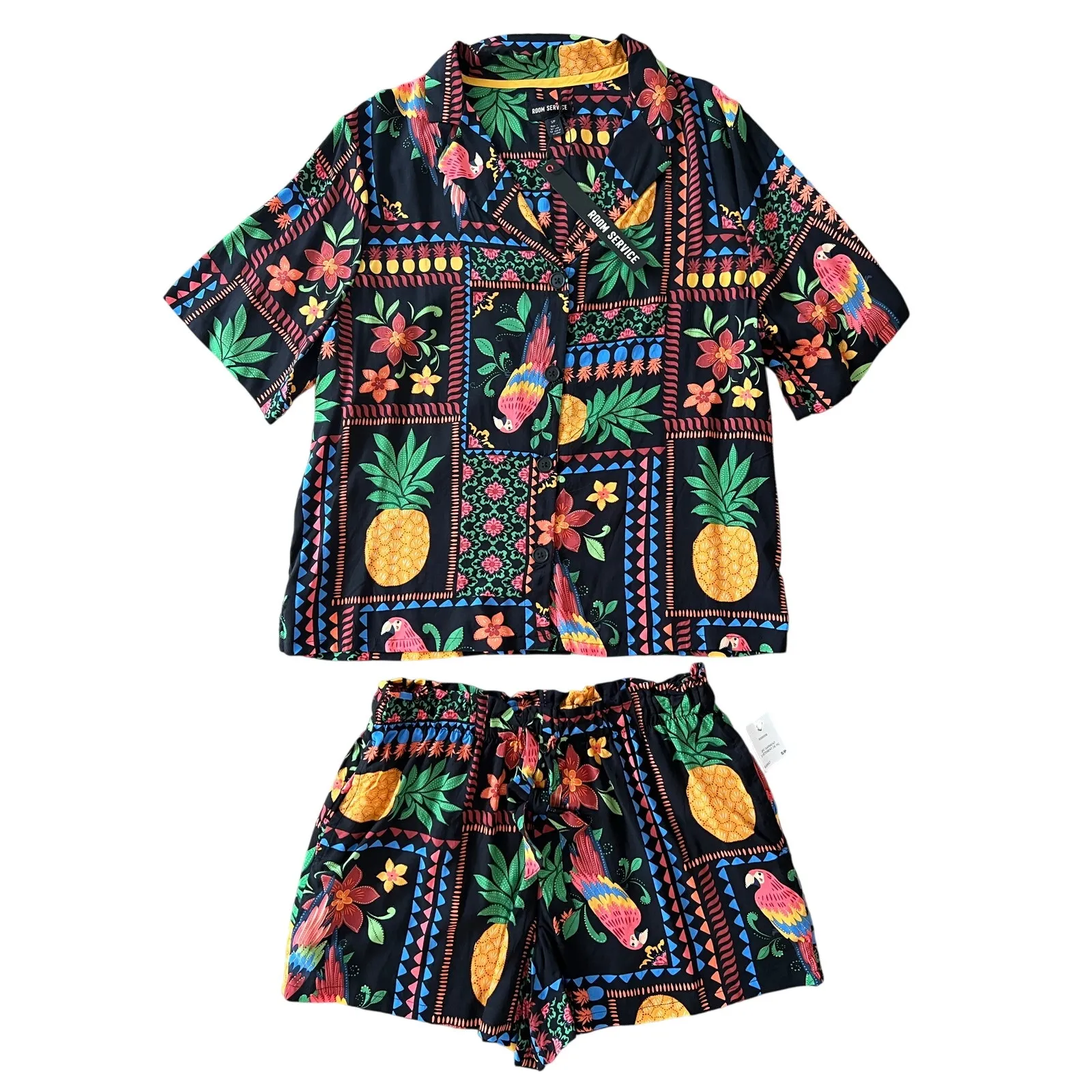 NWT Dillards Room Service Tropical Patchwork Short Sleeve Shorty Pajama Set S Black - Image 2