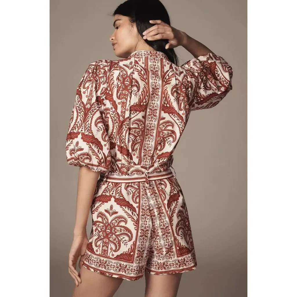 NWOT Farm Rio Tropical Cameo Belted Romper Size XL 100% Cotton Puff Sleeves - Image 4