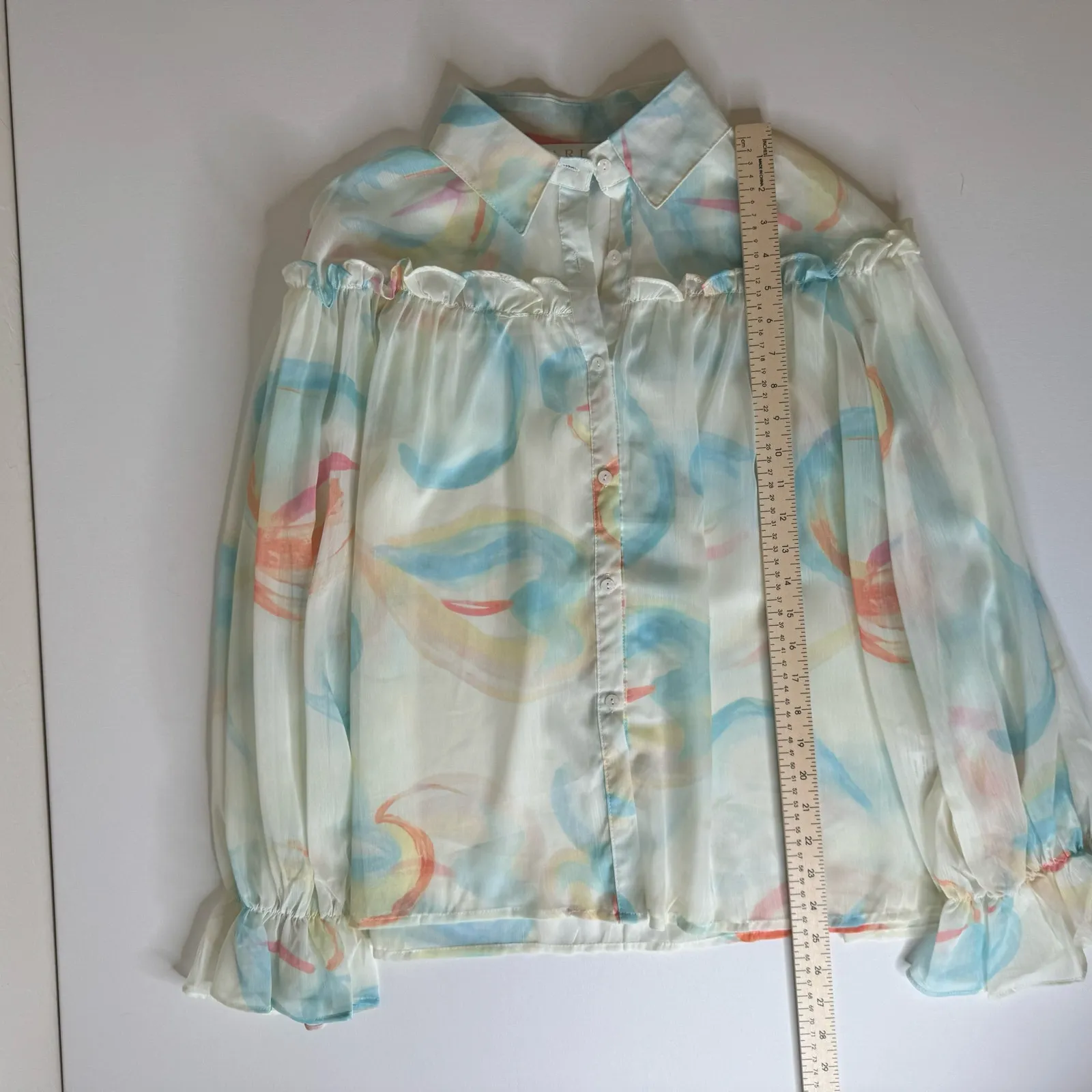 Karlie‎ Womens Multicolor Watercolor Sheer Long Sleeve Blouse with Ruffle Sz O/S - Image 11