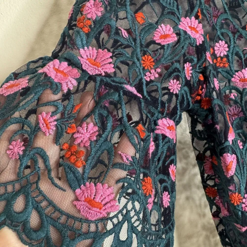 Moulinette Soeurs Dress Womens Small Teal Pink Floral Embroidered Lace Overlay - Image 6