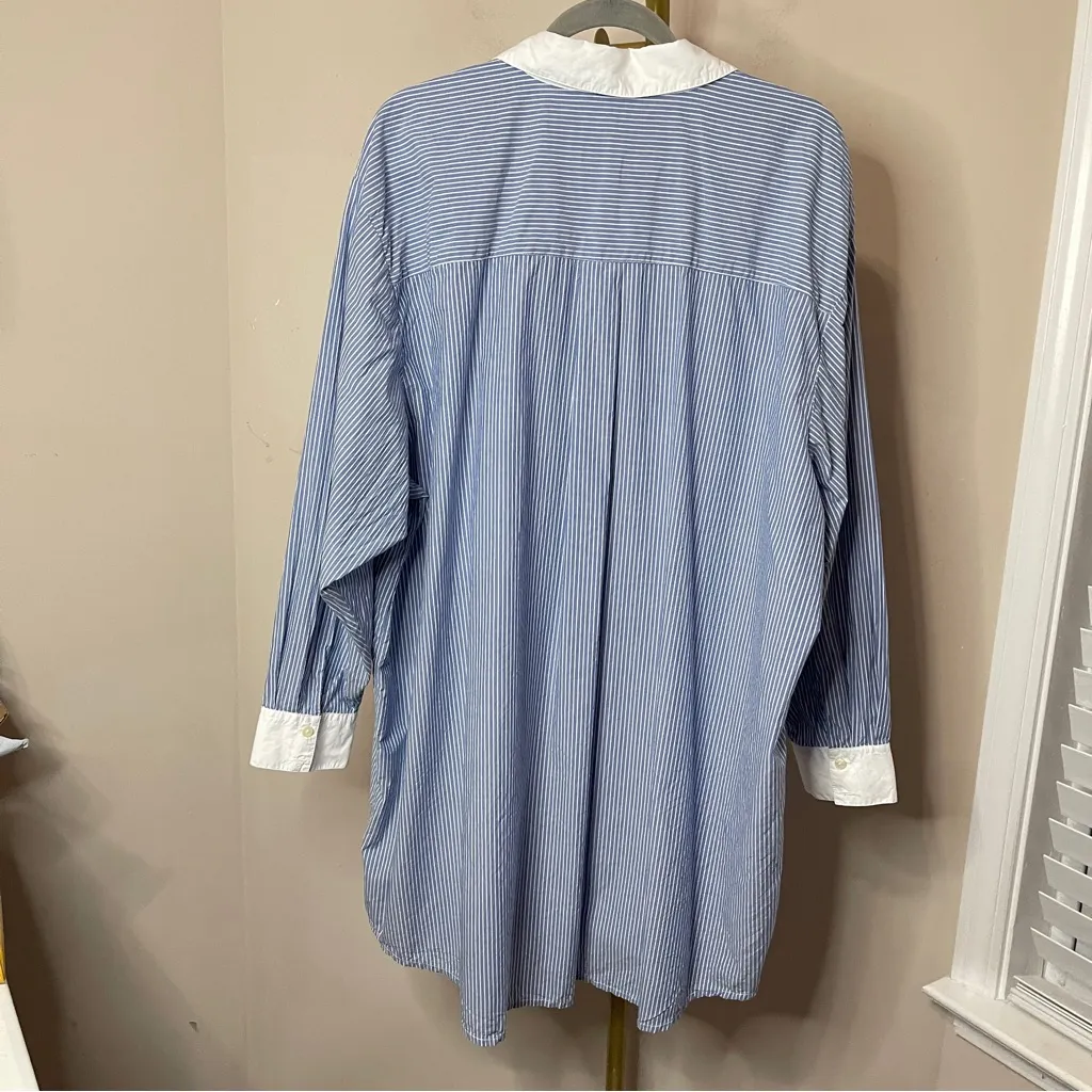 AMERICAN EAGLE AE Button Up Shirt Dress in Blue & White Pinstripe, XL - Image 7