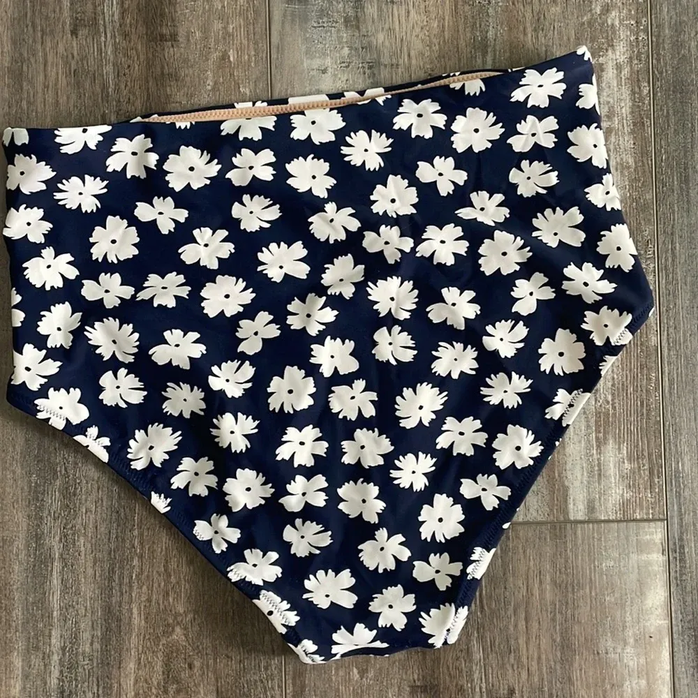 J. Crew Navy Floral High Waisted Retro Bikini Small Blue - Image 10