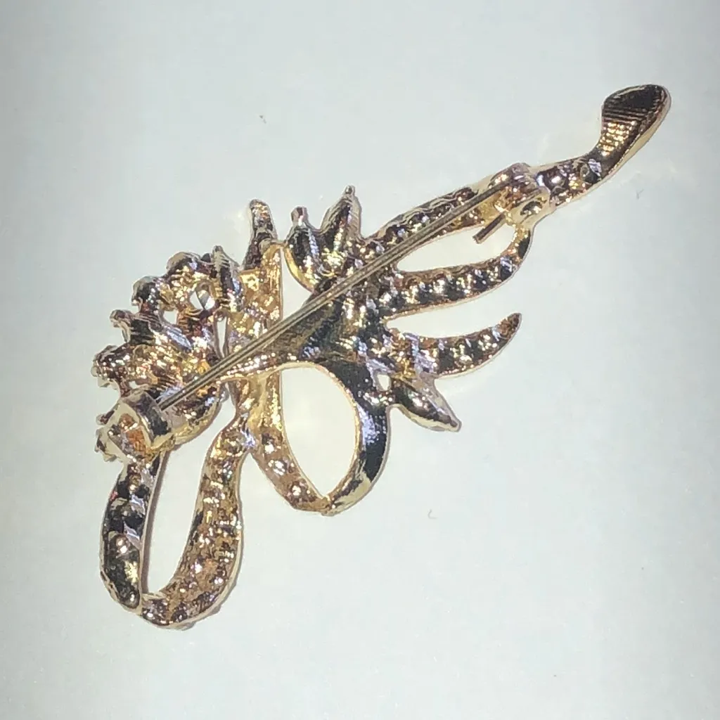 Elegant Gold Tone and Pink Rhinestone Floral Brooch - Image 4