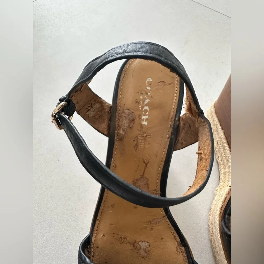 Coach Black Leather Wedge Sandal with Ankle Straps Size 8.5 - Image 7