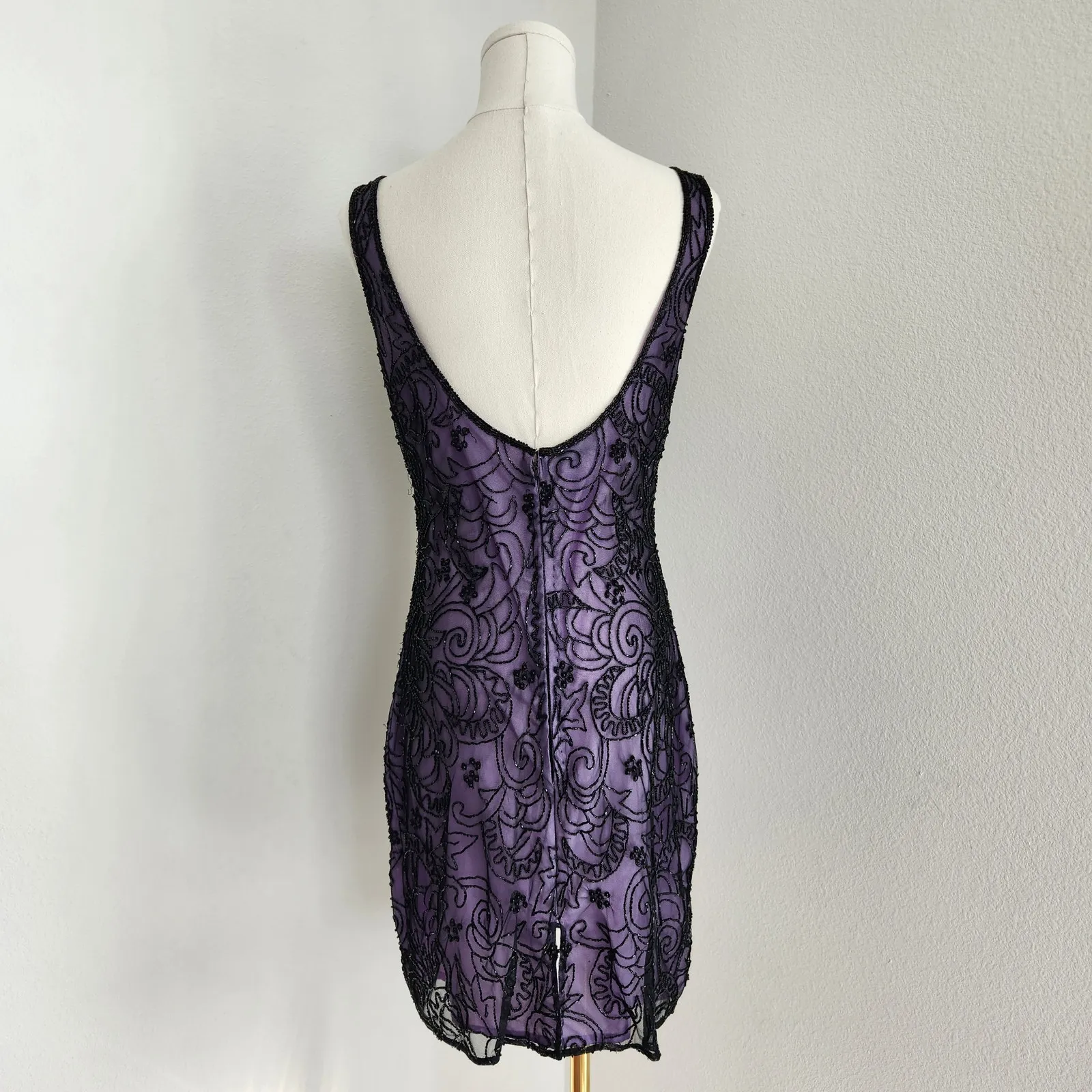 Vintage 90s Laurence Kazar Purple Black Beaded Sheath Dress Sleeveless Mini S - Image 7