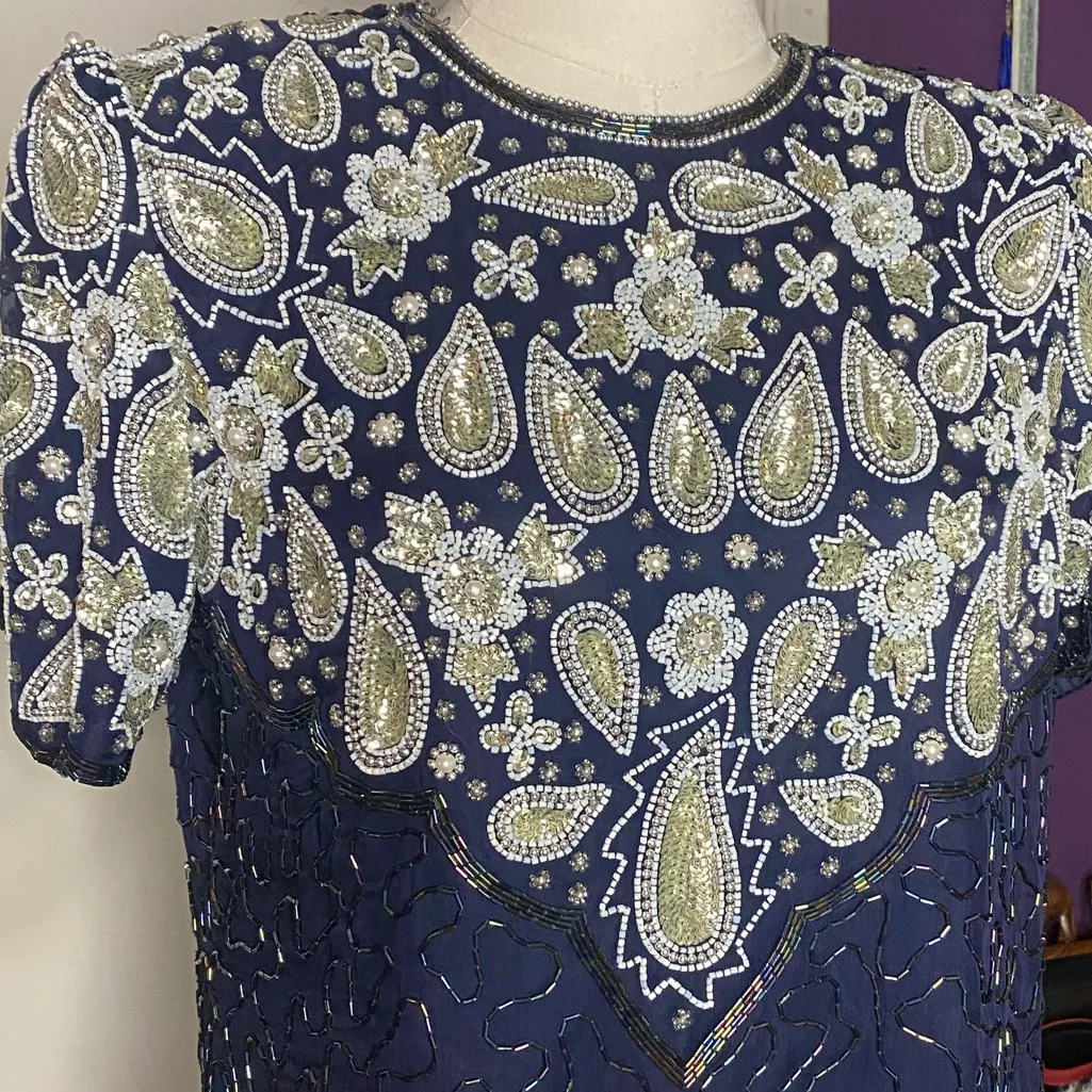 Vintage Lawrence Kazar Navy Blue
Beaded Silk Paisley Top PM - Image 8