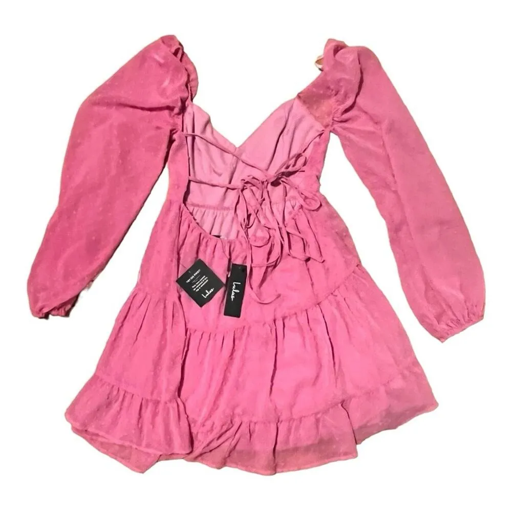 Lulus Longing And Love Pink Swiss Dot Puffed Long Sleeve Mini Dress Medium - Image 4