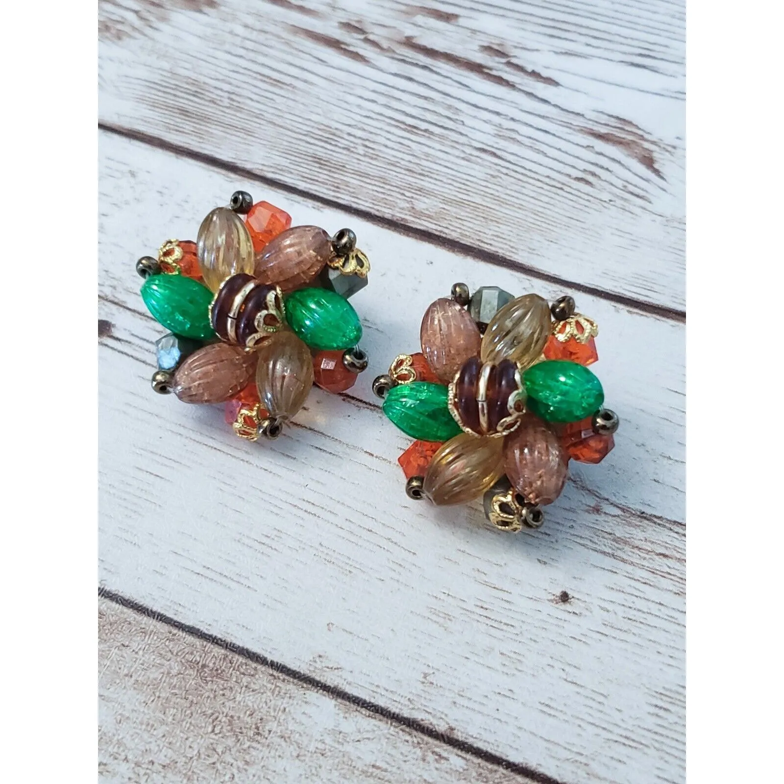 Vintage Clip On Earrings Green, Orange, Gold Tone, Red Cluster Stamped Germany - Image 2