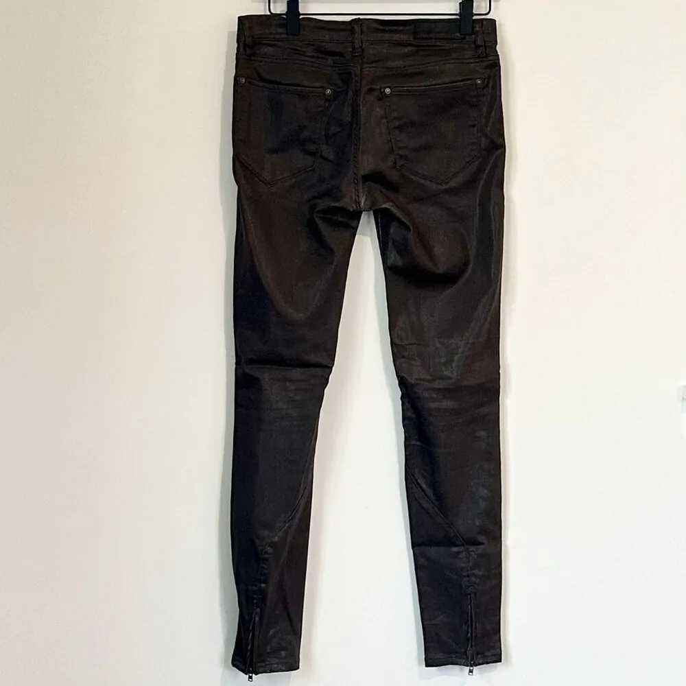AllSaints Spitalfields Chocolate Brown Wax Coated Zipper Skinny Jeans - Size 27 - Image 9