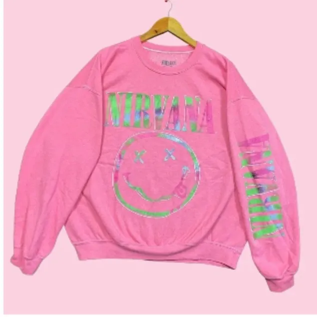 NWOT Nirvana Women's Preppy Smiley Face Crewneck Sweatshirt pink  XL - Image 2