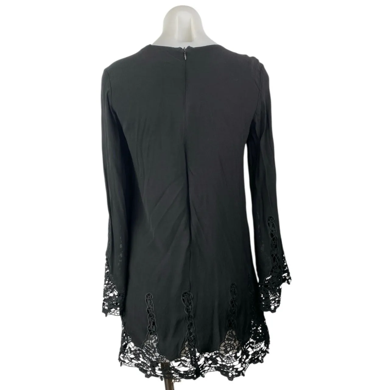 Olivaceous Women's Black Crochet Lace Hem Long Bell Sleeve Mini A-Line Dress M - Image 2