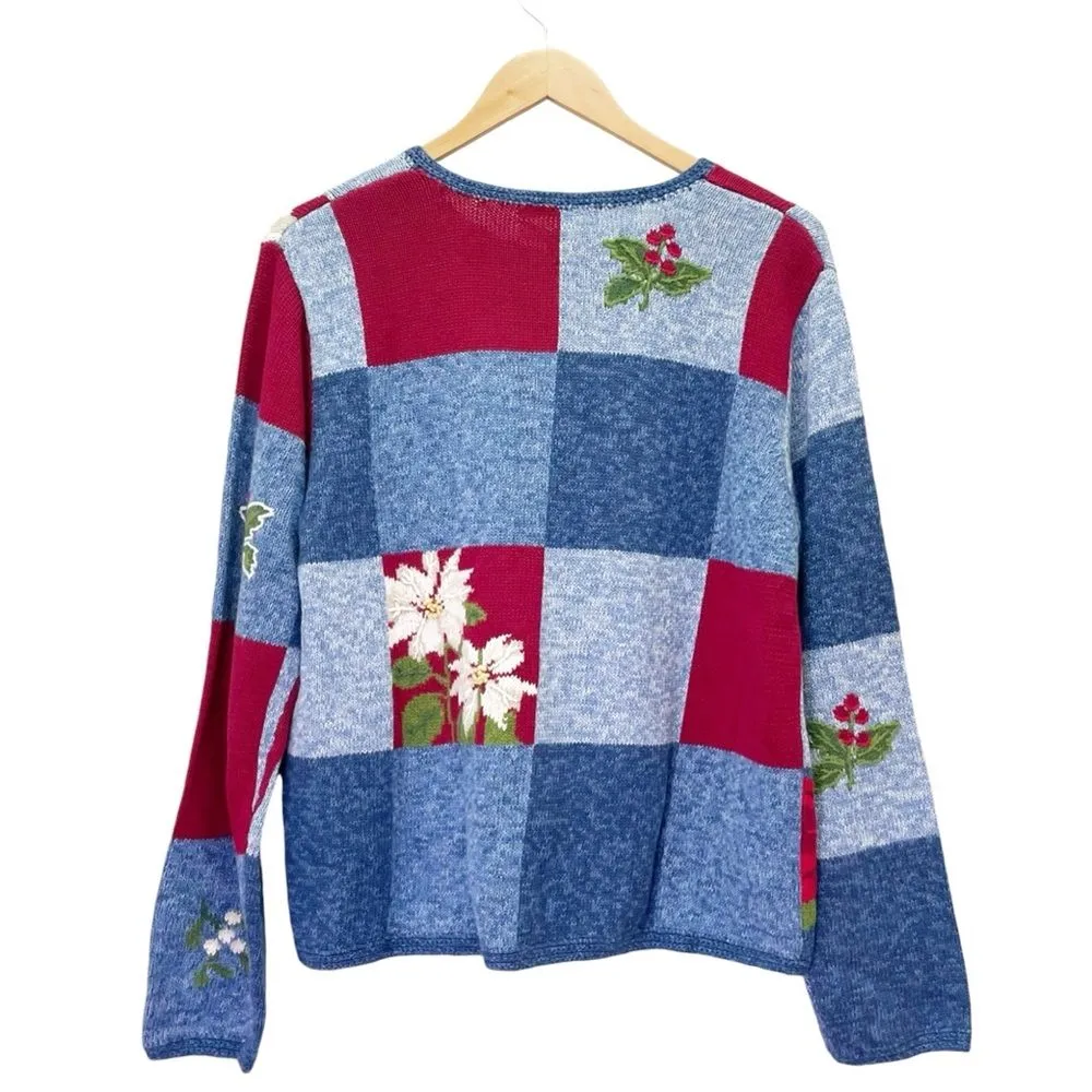 NWT Vintage Northern Isles Christmas Poinsettia Patchwork Cardigan Size Large Blue - Image 2