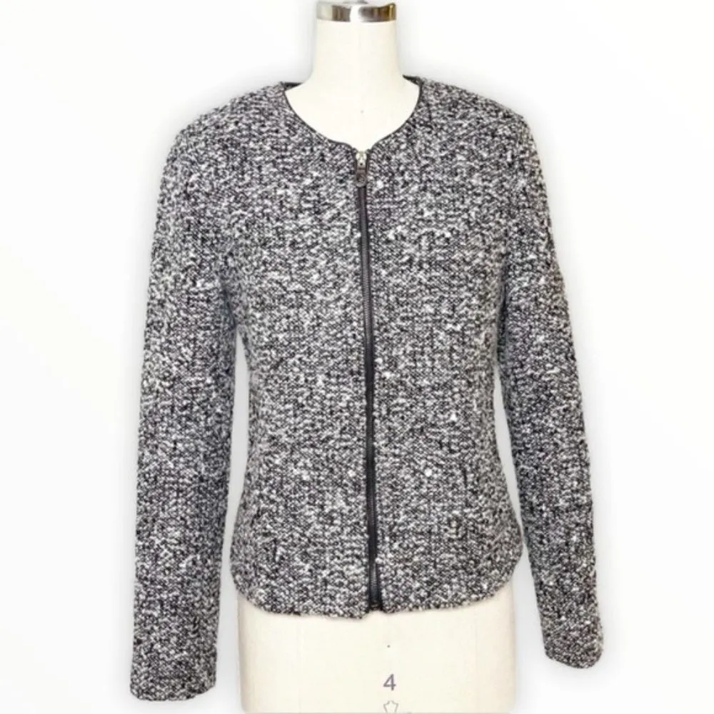 Banana Republic Tweed Wool Zip Up Jacket Leather Trim 2 XS - Image 11