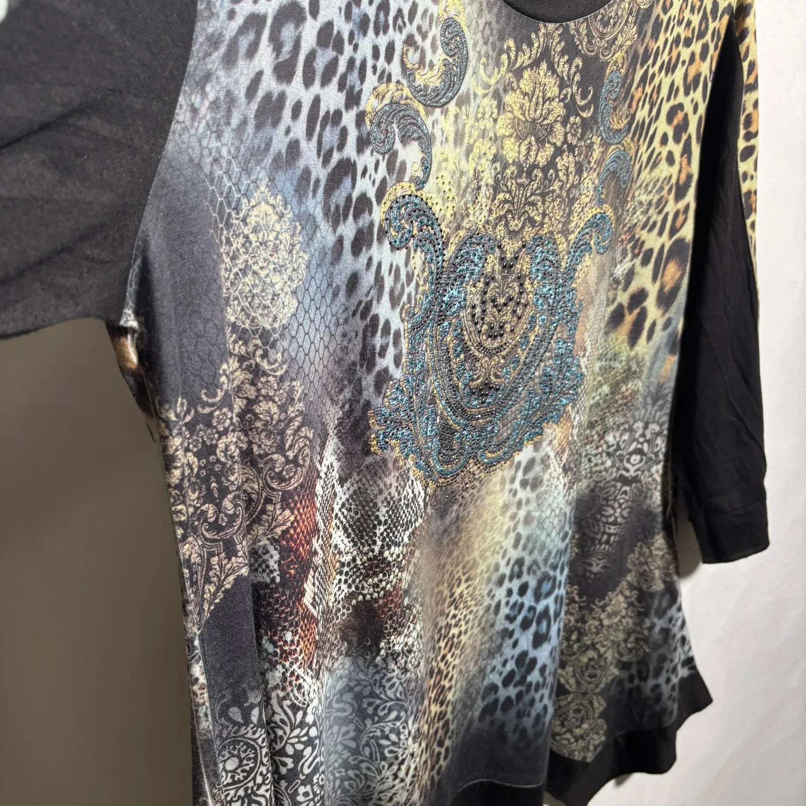 Jess & Jane Y2K Top Studded Shark Bite Hem Womens XL Animal‎ Print USA Made Black - Image 3