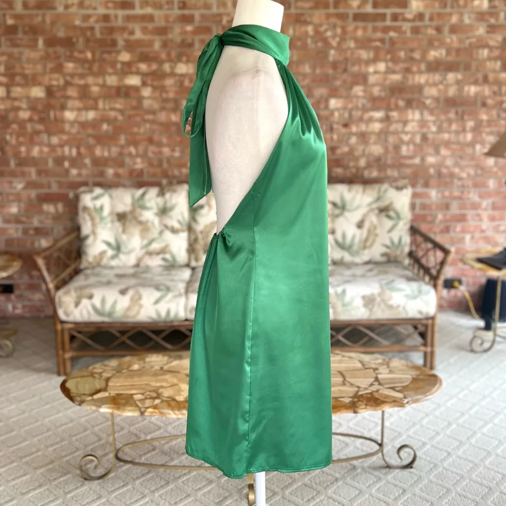 Flounce Dress Satin Mini Backless High Tie Neck Emerald Green 6 Halter Cocktail - Image 11