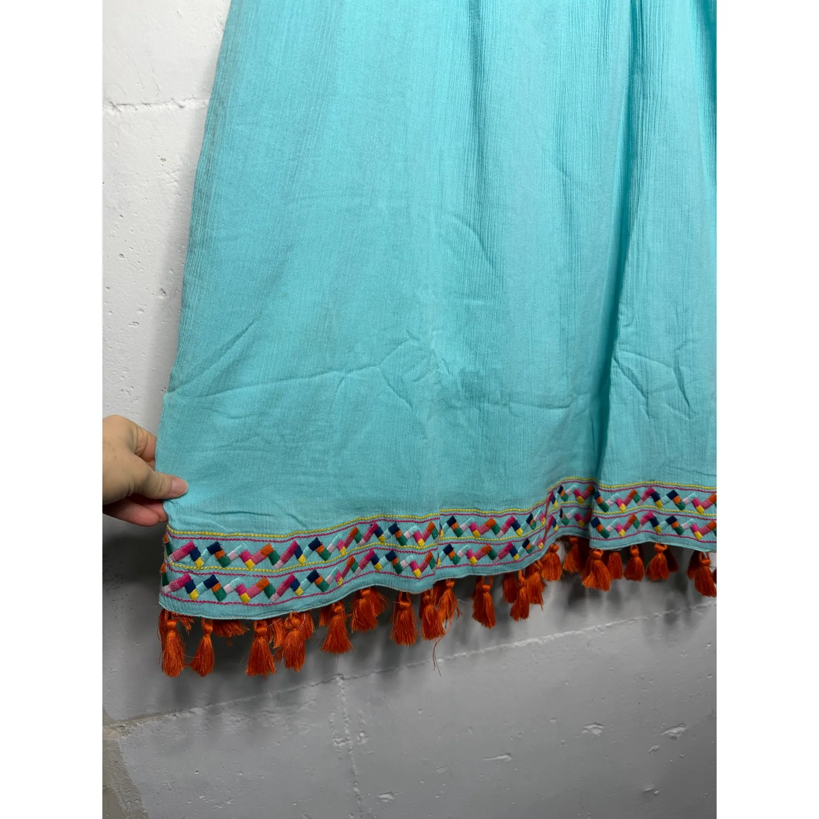 NEW MER St. Barth Sandrine Tassel Midi Dress Womens Large 100% Cotton Blue - Image 3