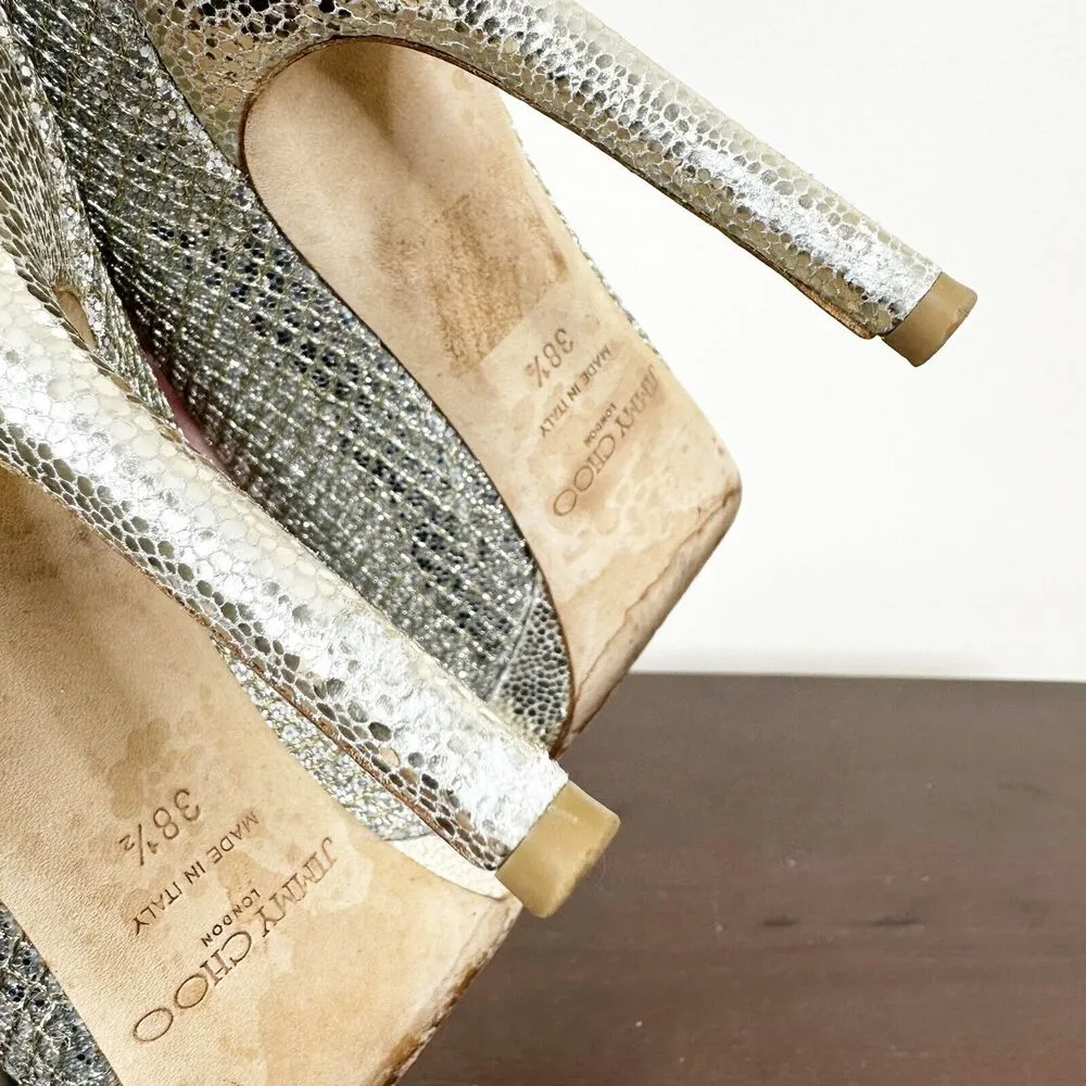 Jimmy Choo Heels Women's 38.5 Peep Toe Glitter Platform Pumps Silver Stilettos - Image 6